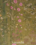 Muted Green Floral Embroidered Pure Tissue Kora Silk Saree