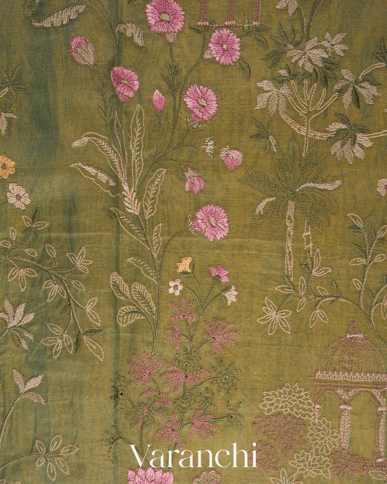 Muted Green Floral Embroidered Pure Tissue Kora Silk Saree
