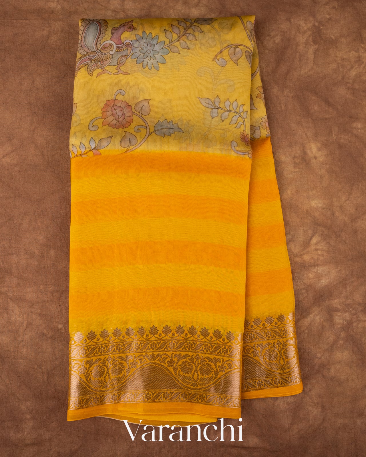 Mustard Yellow Kalamkari Printed Pure Kora Silk Saree