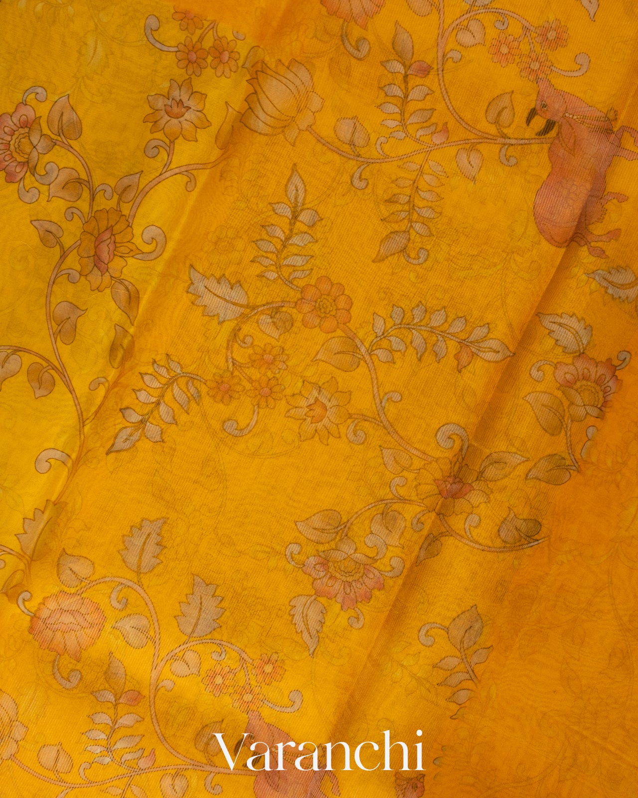 Mustard Yellow Kalamkari Printed Pure Kora Silk Saree
