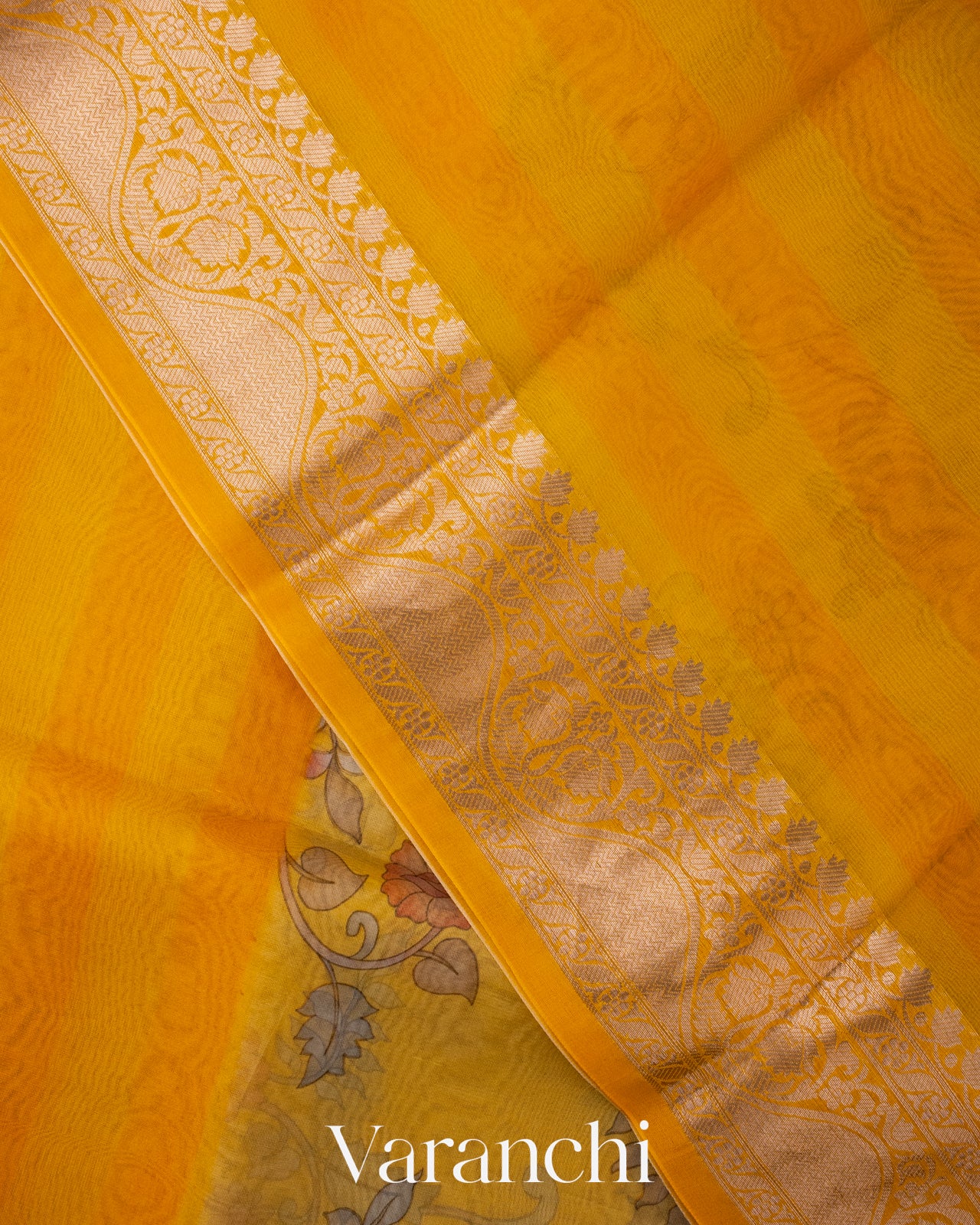 Mustard Yellow Kalamkari Printed Pure Kora Silk Saree