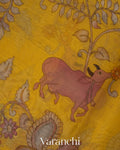 Mustard Yellow Kalamkari Printed Pure Kora Silk Saree