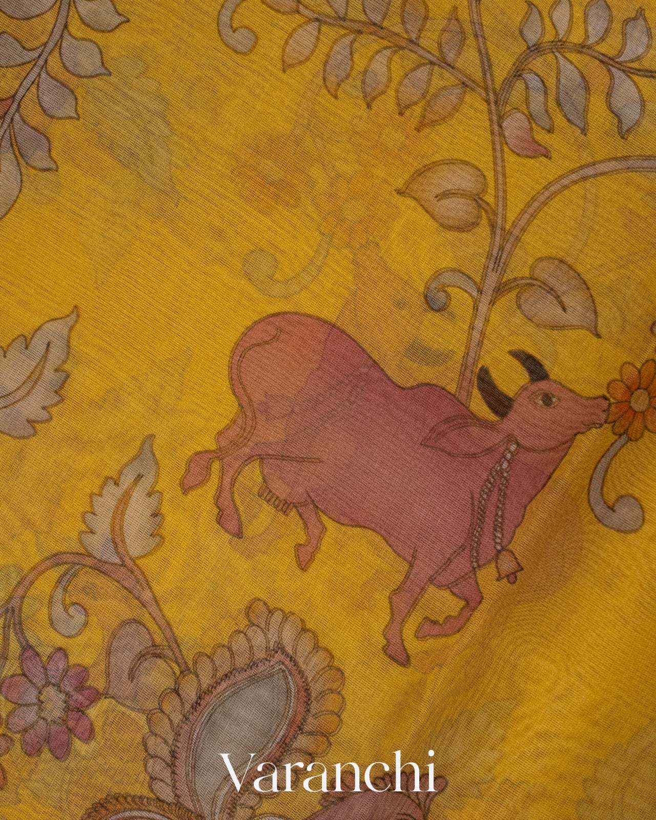 Mustard Yellow Kalamkari Printed Pure Kora Silk Saree