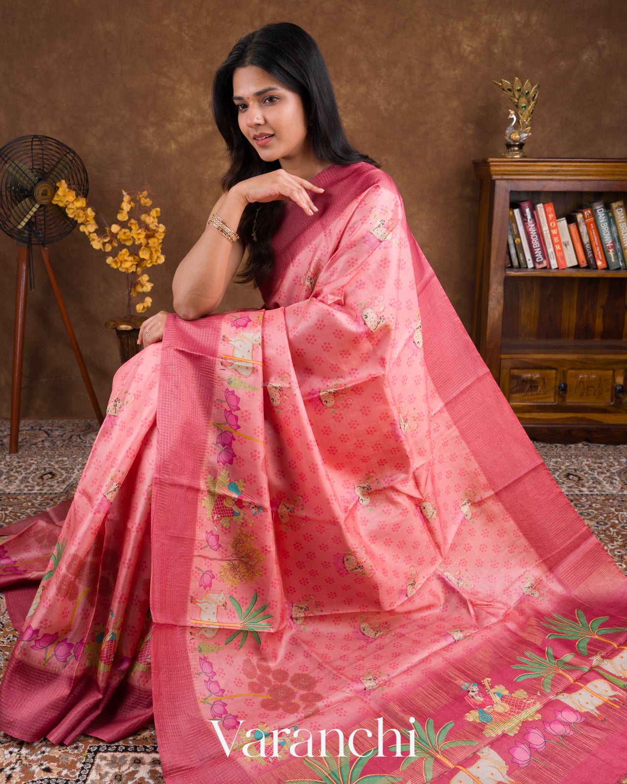 Rose Pink Pichwai Printed Pure Tussar Silk Saree