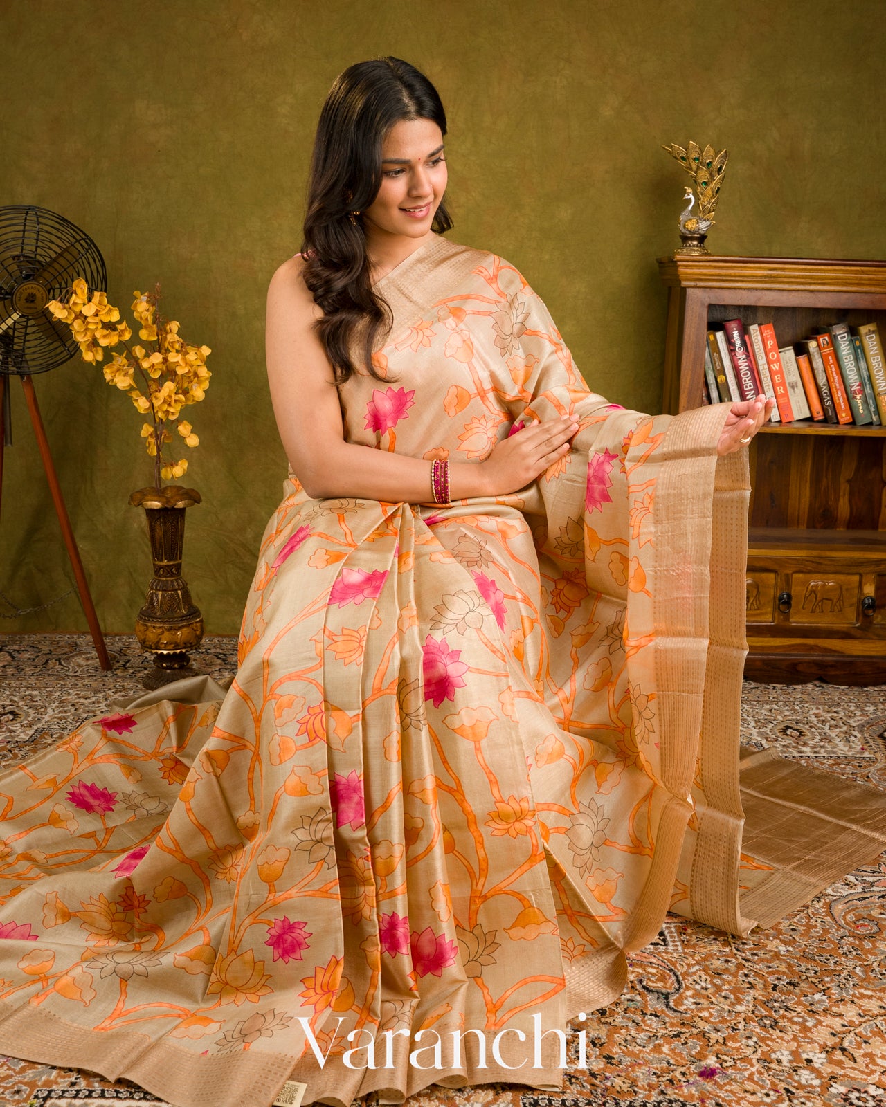 Ivory Cream Floral Printed Pure Tussar Silk Saree