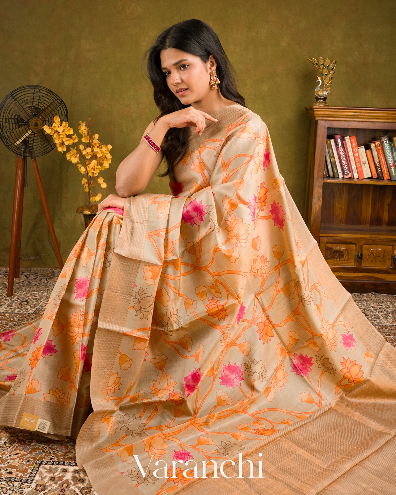 Ivory Cream Floral Printed Pure Tussar Silk Saree