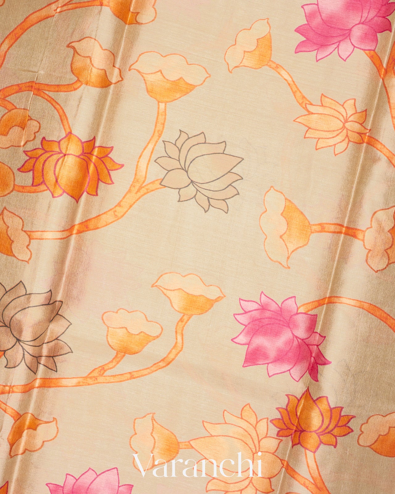 Ivory Cream Floral Printed Pure Tussar Silk Saree