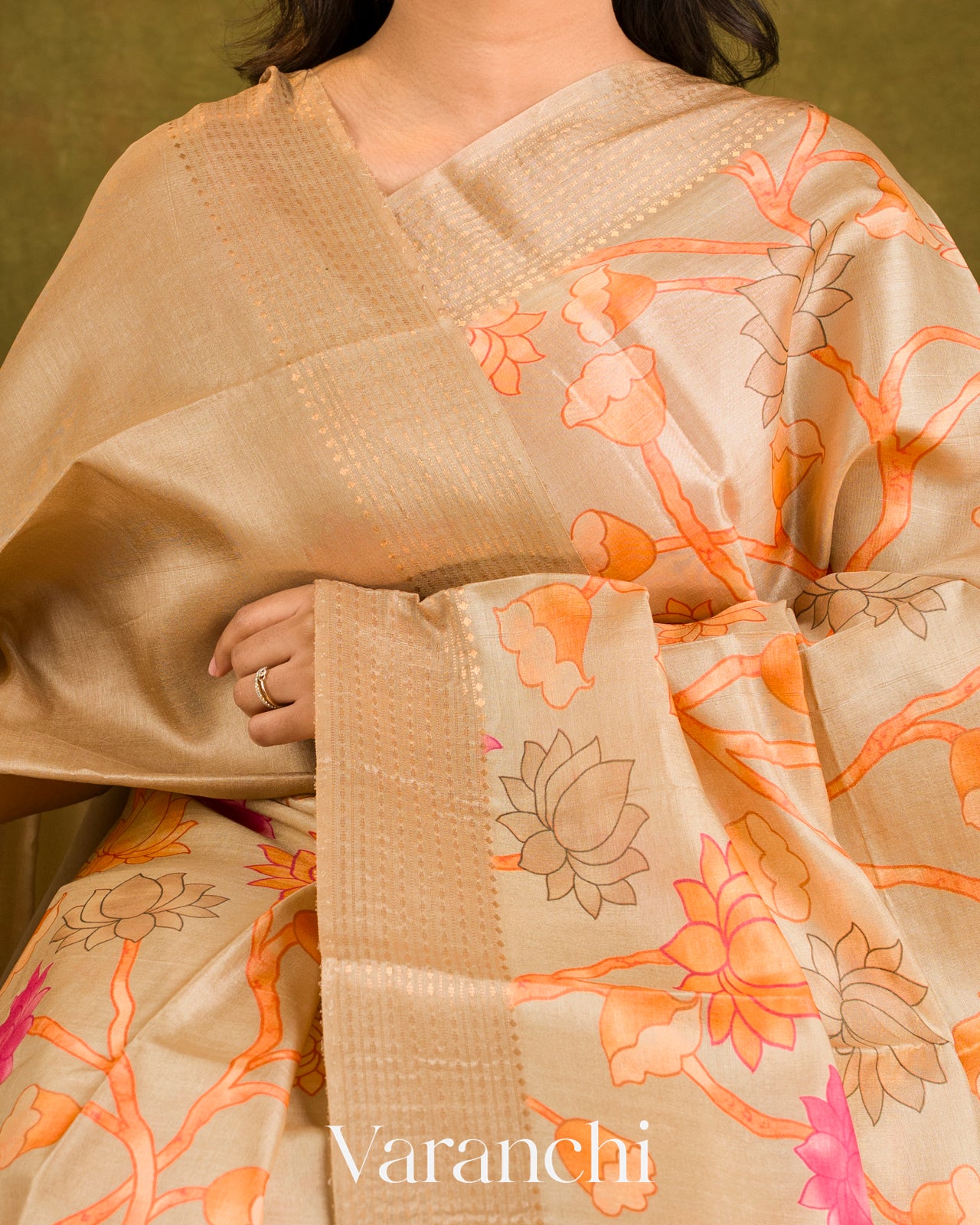 Ivory Cream Floral Printed Pure Tussar Silk Saree