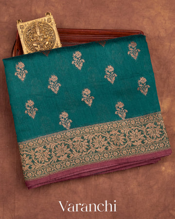 Teal Blue Pure Moonga Silk Handloom Saree