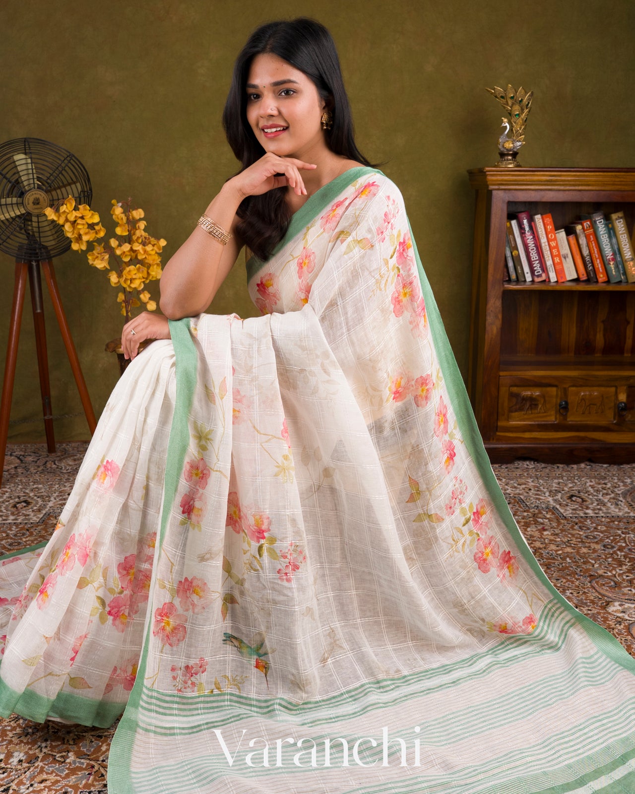 Soft White Digital Printed Pure Linen Kora Silk Handloom Saree