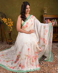 Soft White Digital Printed Pure Linen Kora Silk Handloom Saree
