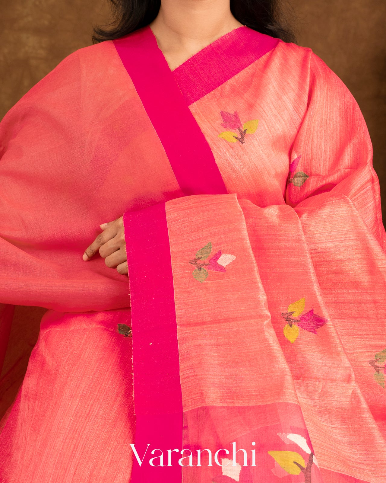 Coral Pink Jamdani Pure Matka Silk Handloom Saree