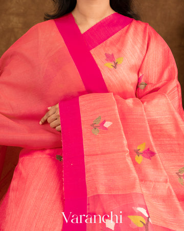 Coral Pink Jamdani Pure Matka Silk Handloom Saree