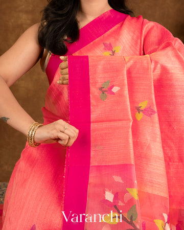 Coral Pink Jamdani Pure Matka Silk Handloom Saree