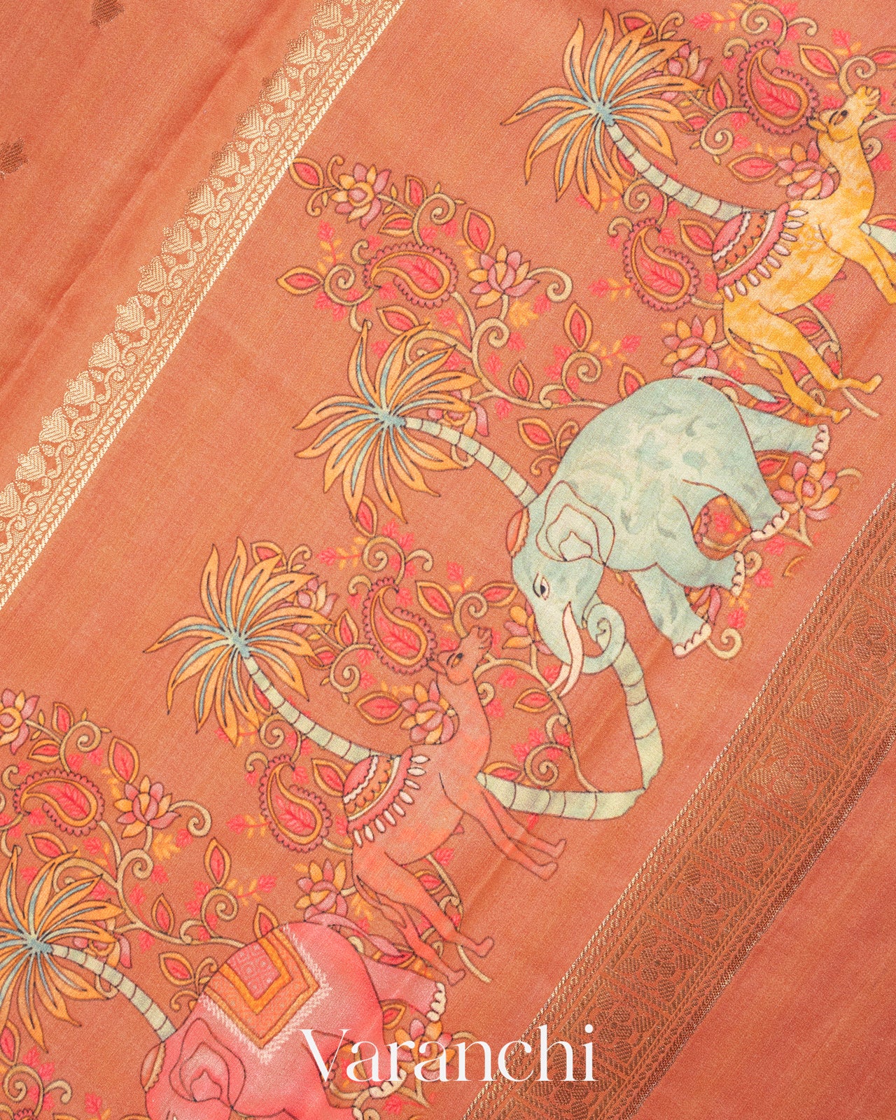 Muted Coral Orange Digital Printed Pure Moonga Silk Saree
