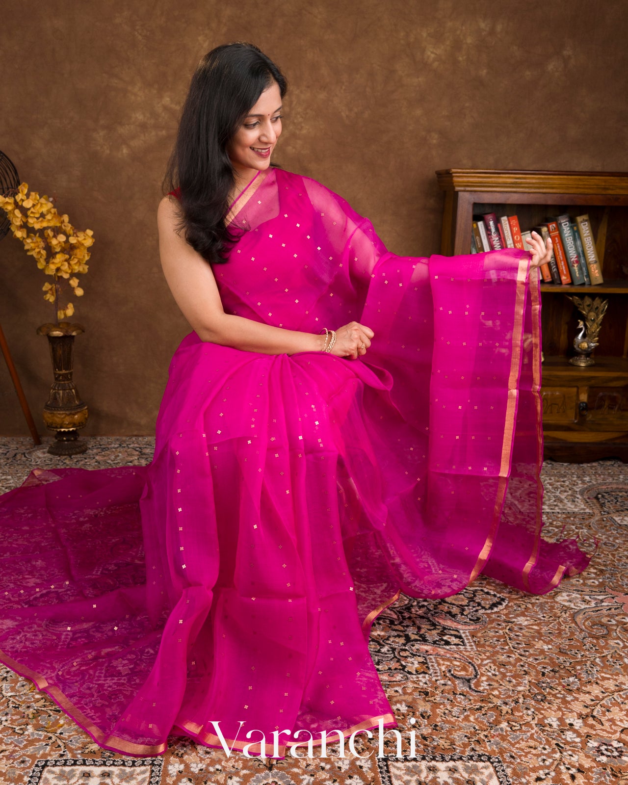 Rani Pink with Sequin Embroidery Pure Muslin Silk Handloom Saree