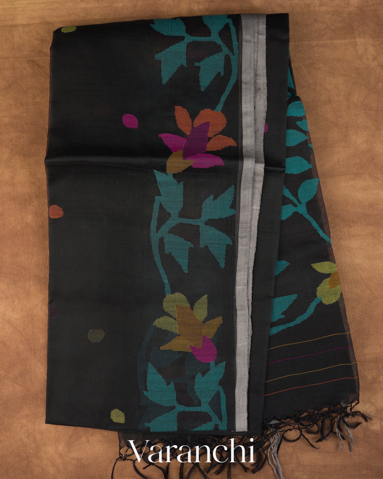 Black Floral Jamdani Pure Muslin Handloom Saree