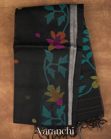 Black Floral Jamdani Pure Muslin Handloom Saree
