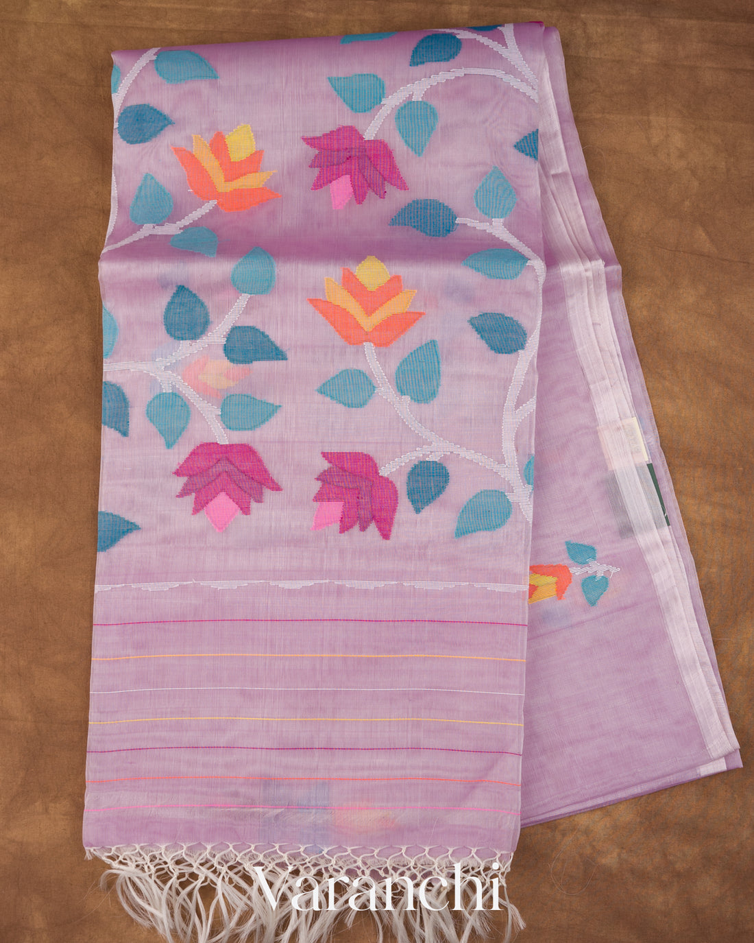 Lavender Jamdani Floral Pure Muslin Silk Handloom Saree