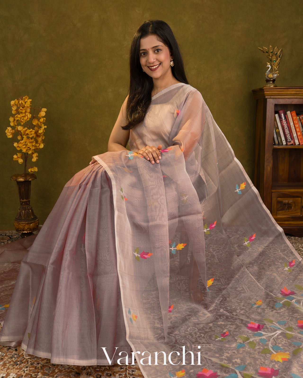 Muted Lilac Jamdani Pure Muslin Silk Handloom Saree