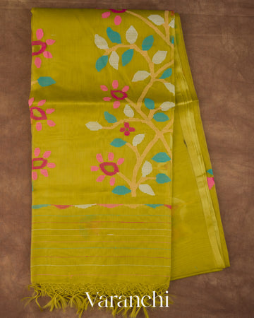 Lime Yellow Floral Jamdani Pure Muslin Silk Handloom Saree