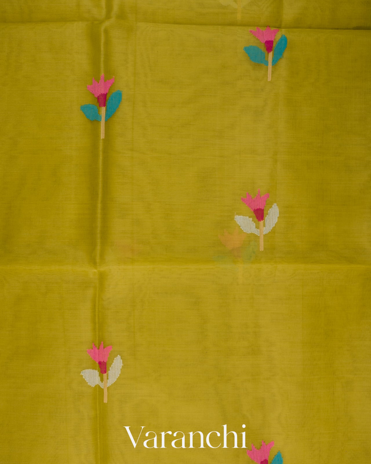Lime Yellow Floral Jamdani Pure Muslin Silk Handloom Saree