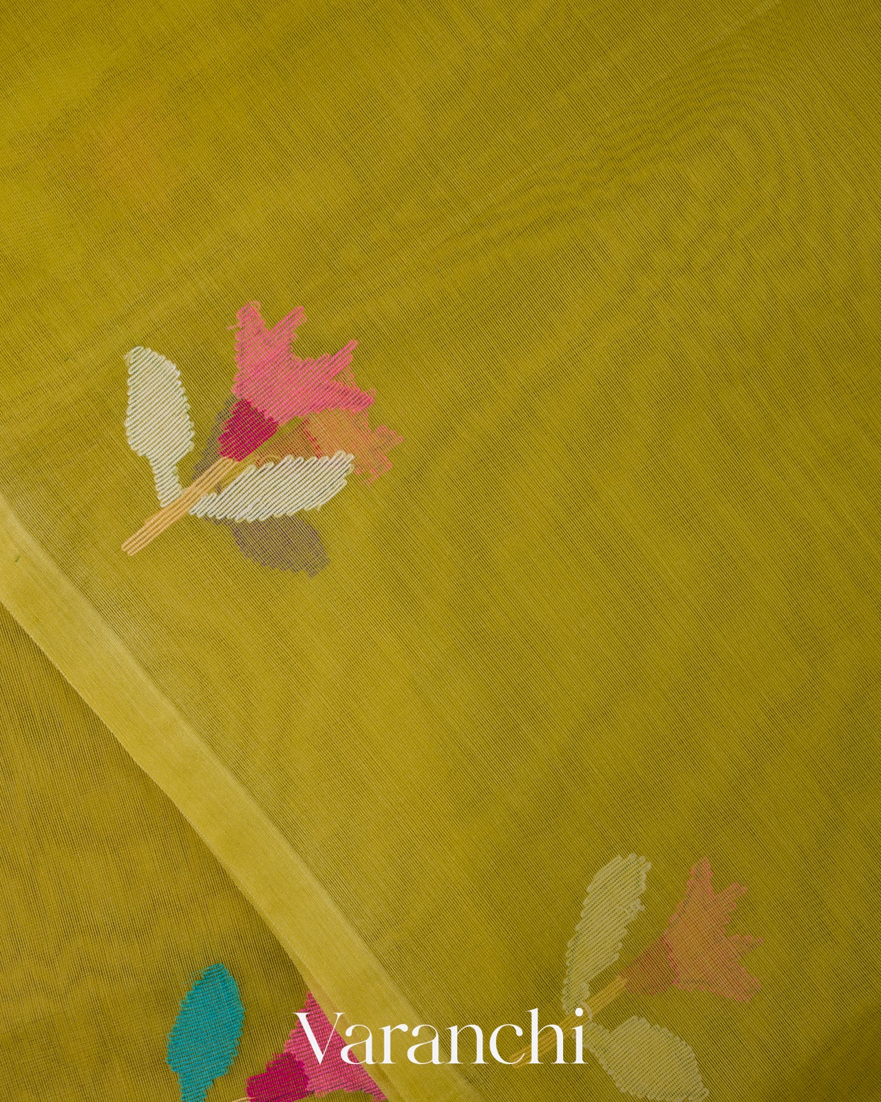 Lime Yellow Floral Jamdani Pure Muslin Silk Handloom Saree