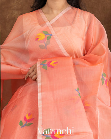 Peach Jamdani Pure Muslin Silk Handloom Saree