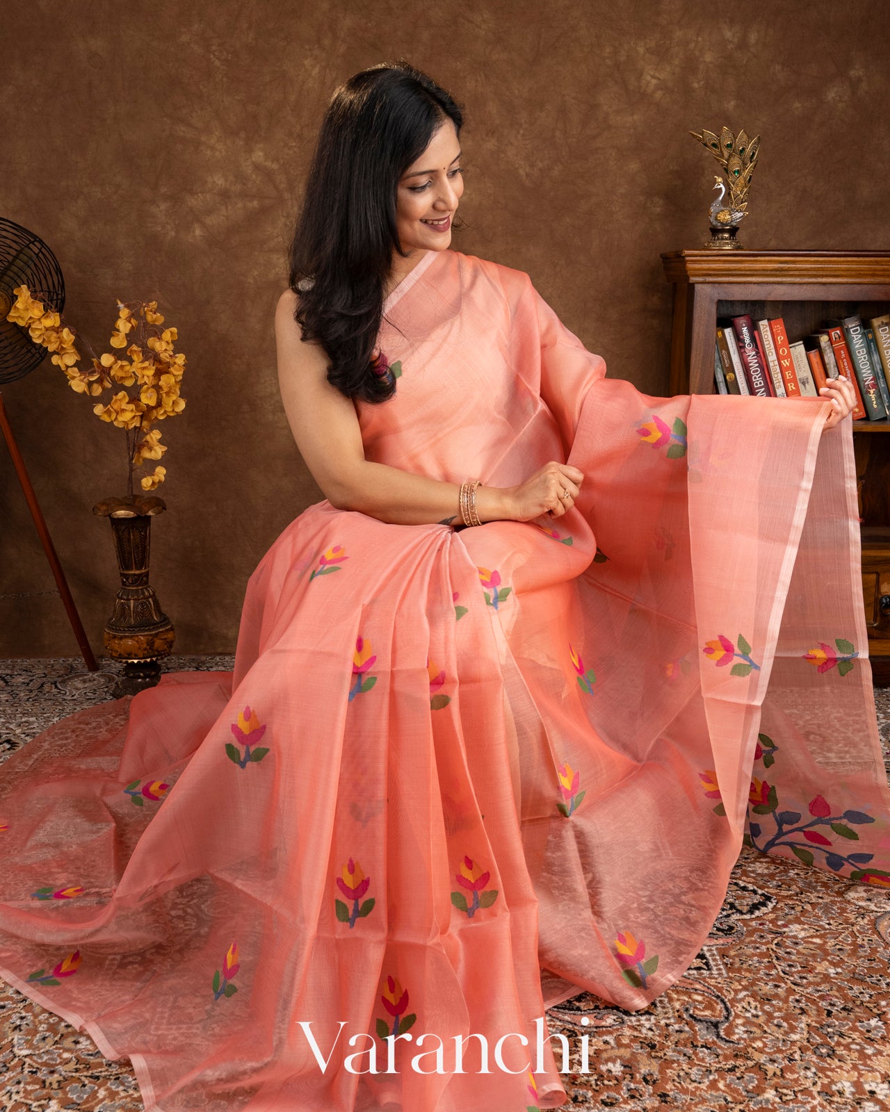 Peach Jamdani Pure Muslin Silk Handloom Saree