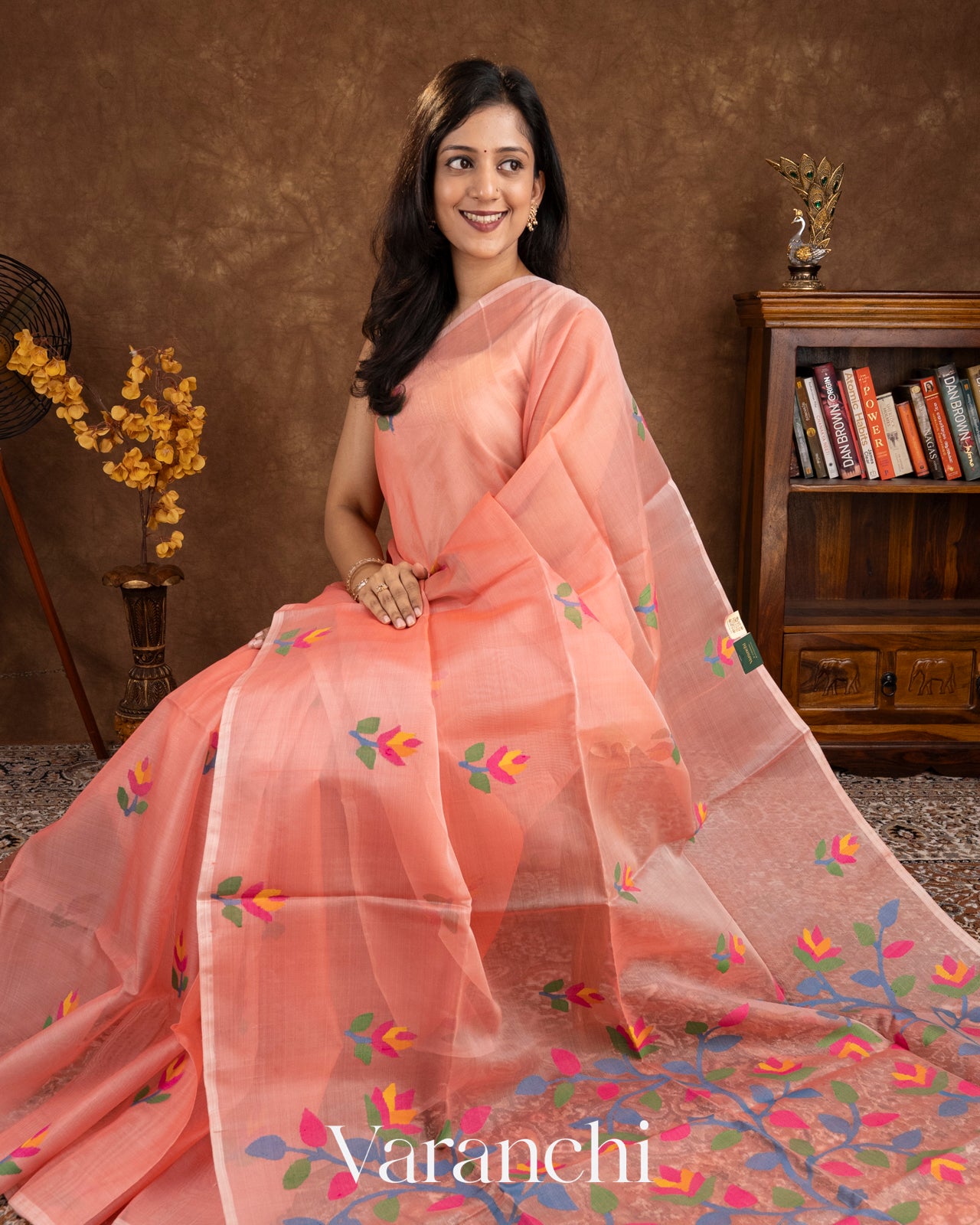 Peach Jamdani Pure Muslin Silk Handloom Saree