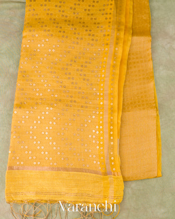 Bright Yellow with Sequin Embroidery Pure Muslin Silk Handloom Saree