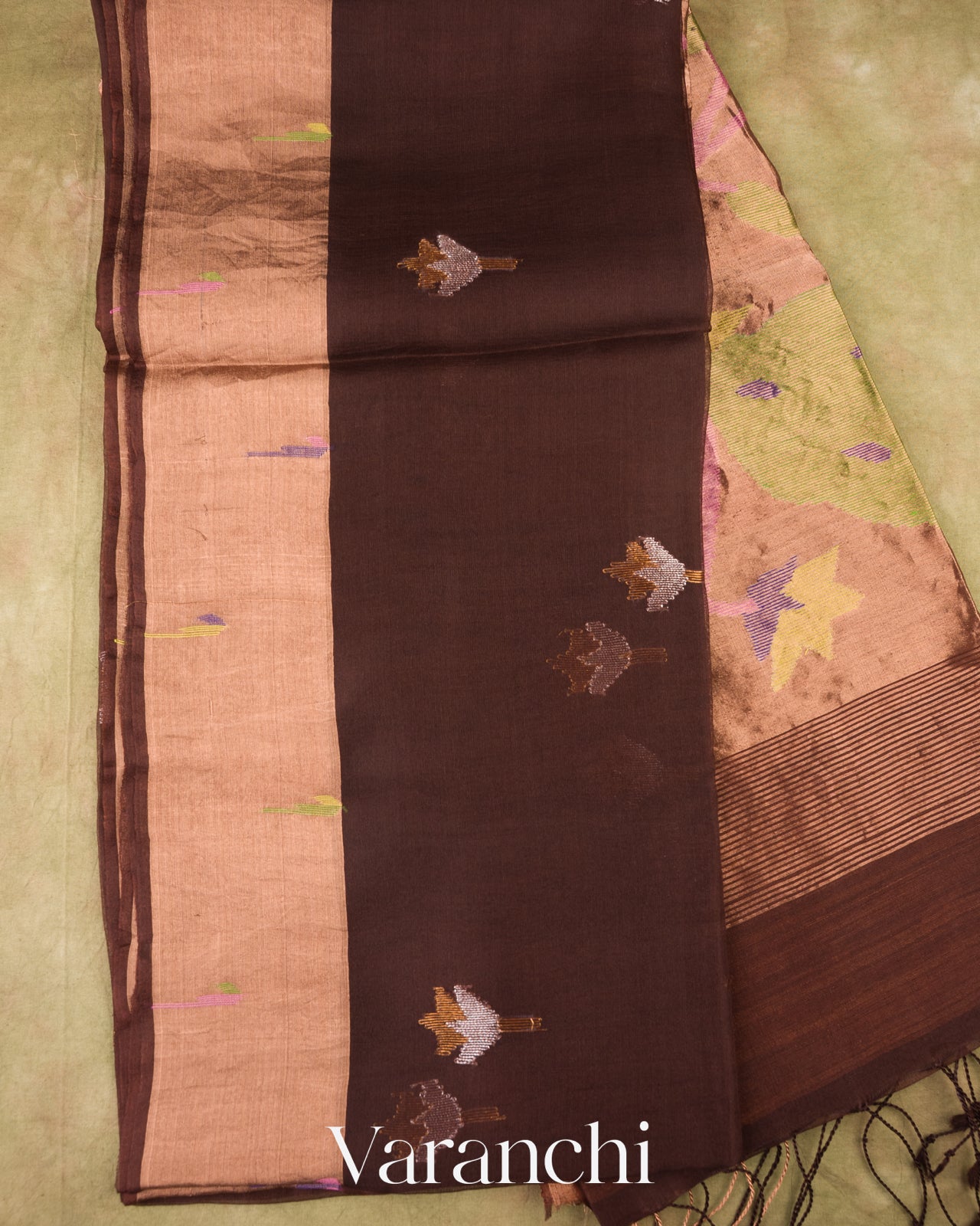 Chocolate Brown Jamdani Pure Muslin Silk Handloom Saree