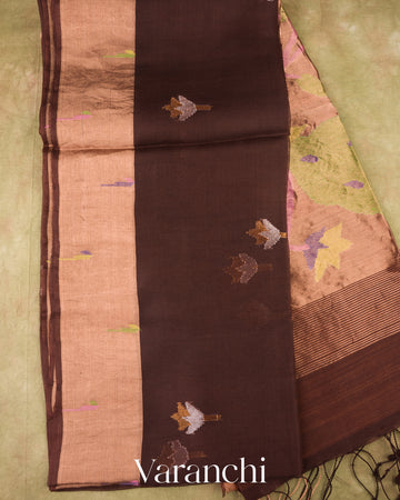 Chocolate Brown Jamdani Pure Muslin Silk Handloom Saree