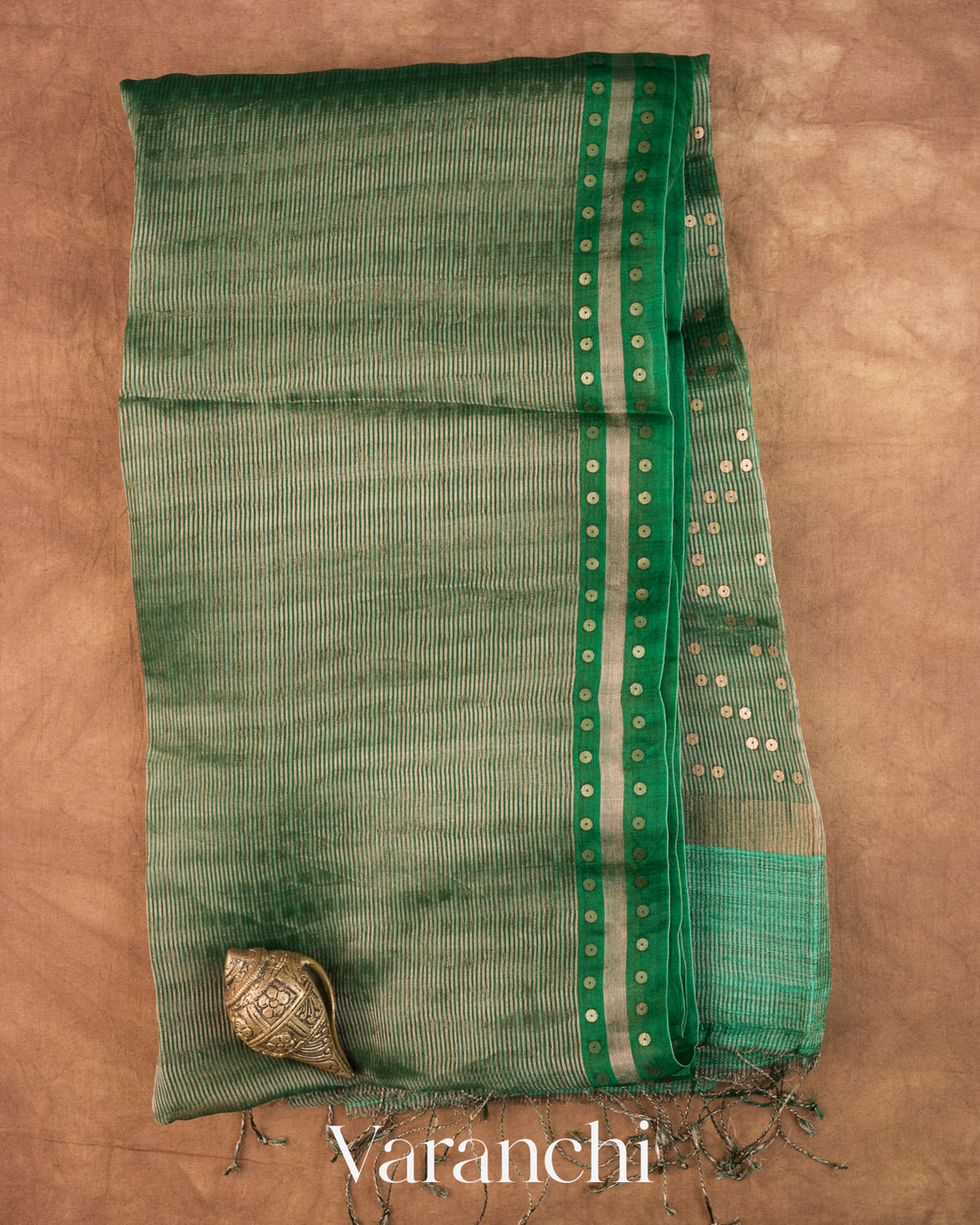 Bottle Green with Sequin Embroidery Pure Muslin Silk Handloom Saree