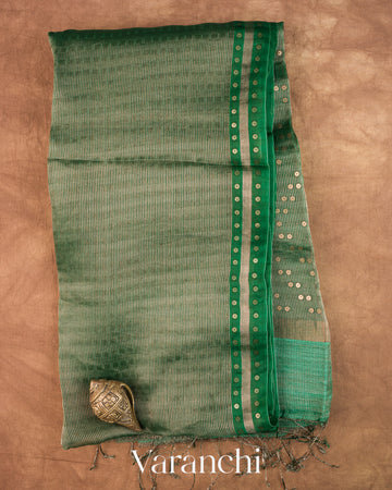 Bottle Green with Sequin Embroidery Pure Muslin Silk Handloom Saree