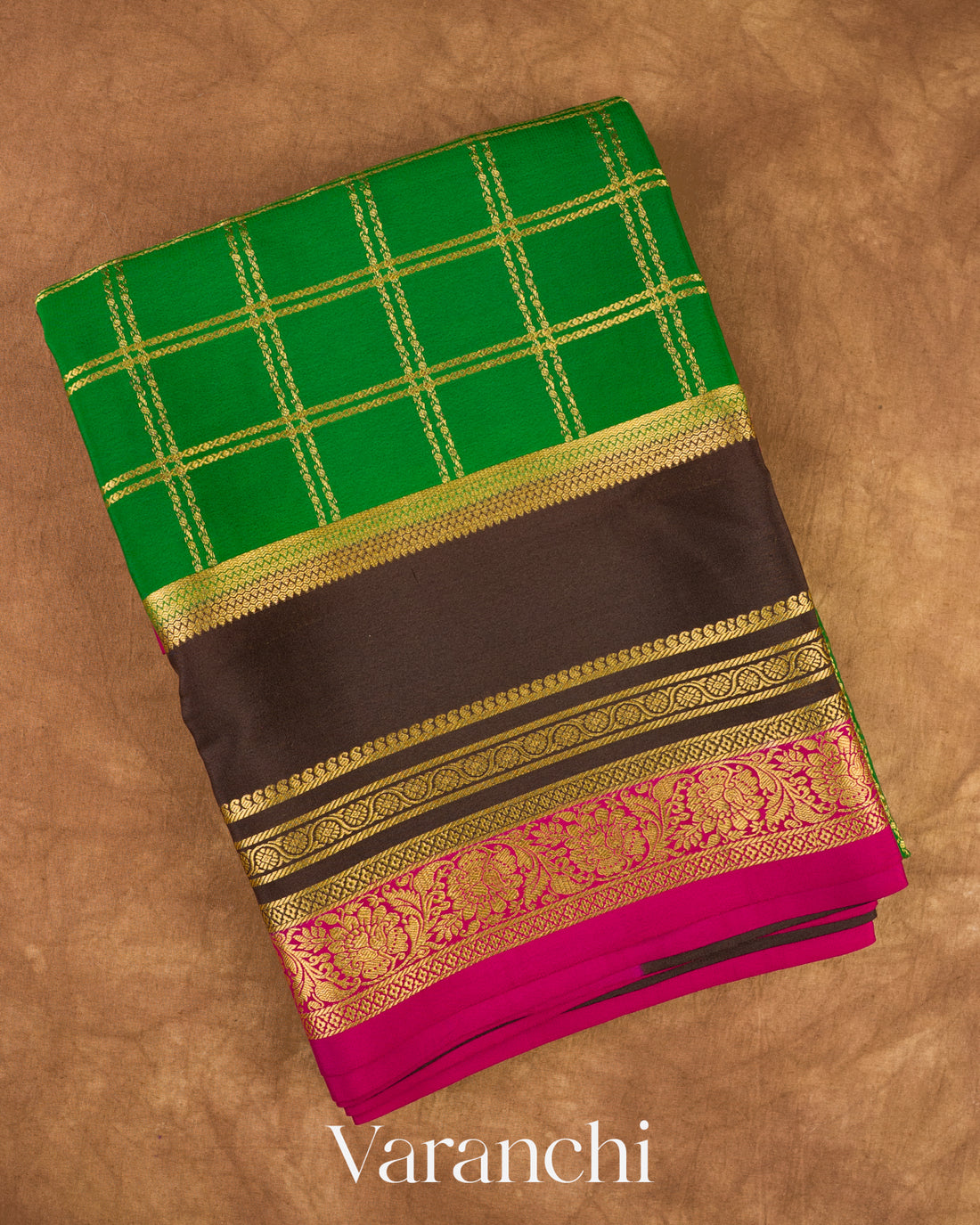 Emerald Green Checkered Pure Mysore Crepe Silk Saree