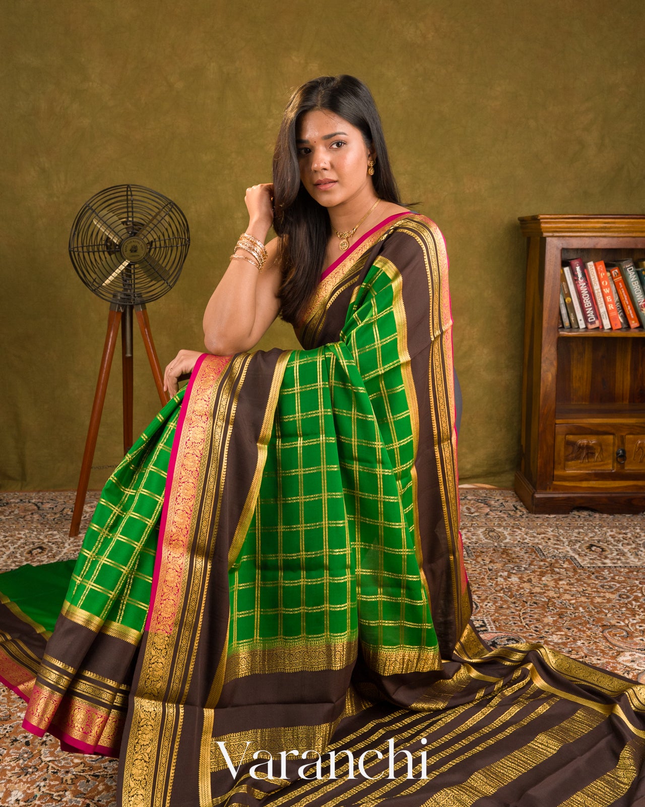 Emerald Green Checkered Pure Mysore Crepe Silk Saree