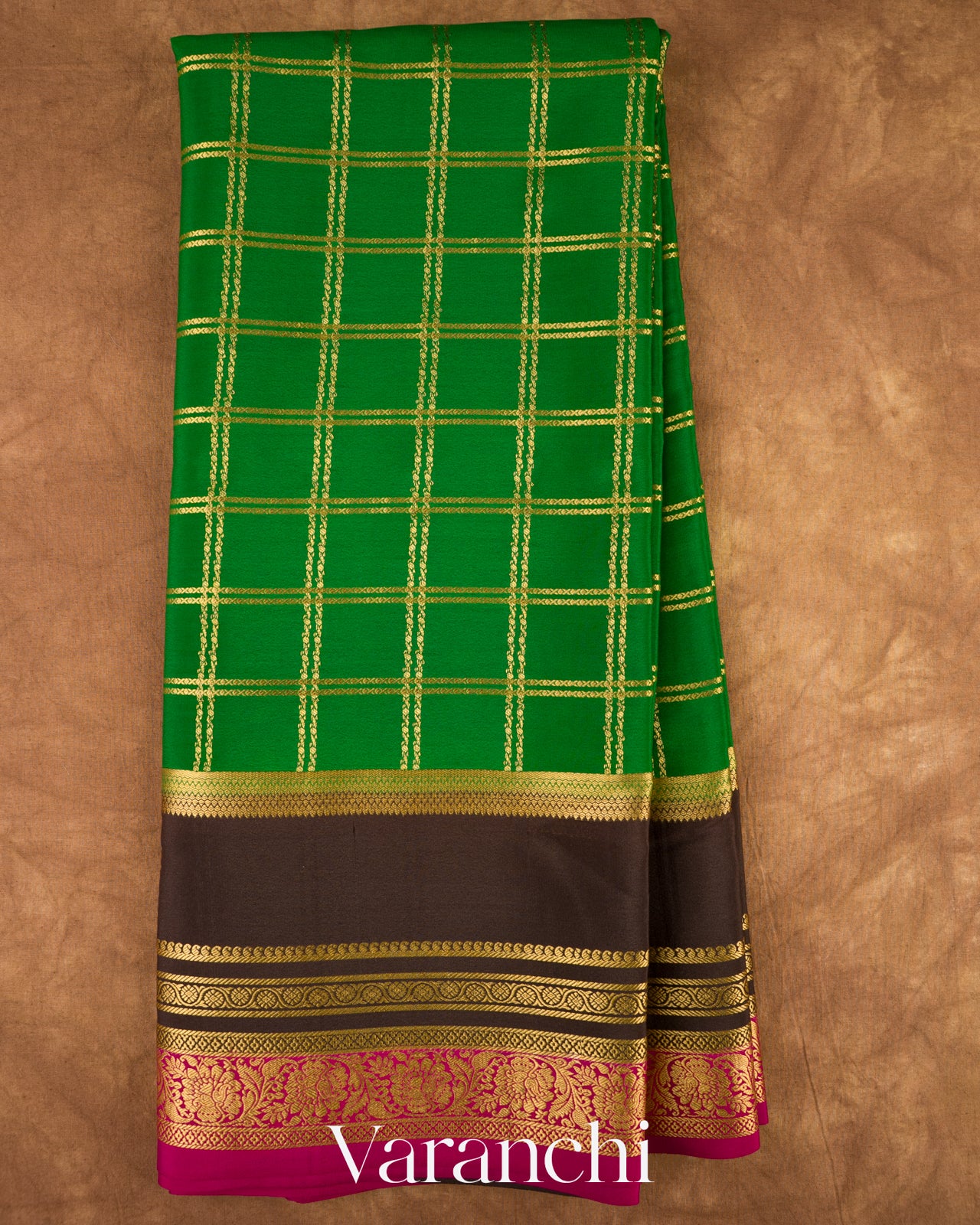 Emerald Green Checkered Pure Mysore Crepe Silk Saree