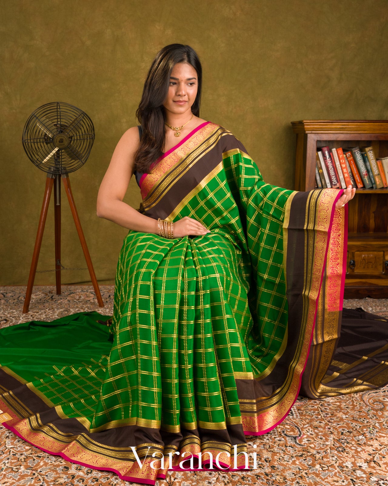 Emerald Green Checkered Pure Mysore Crepe Silk Saree