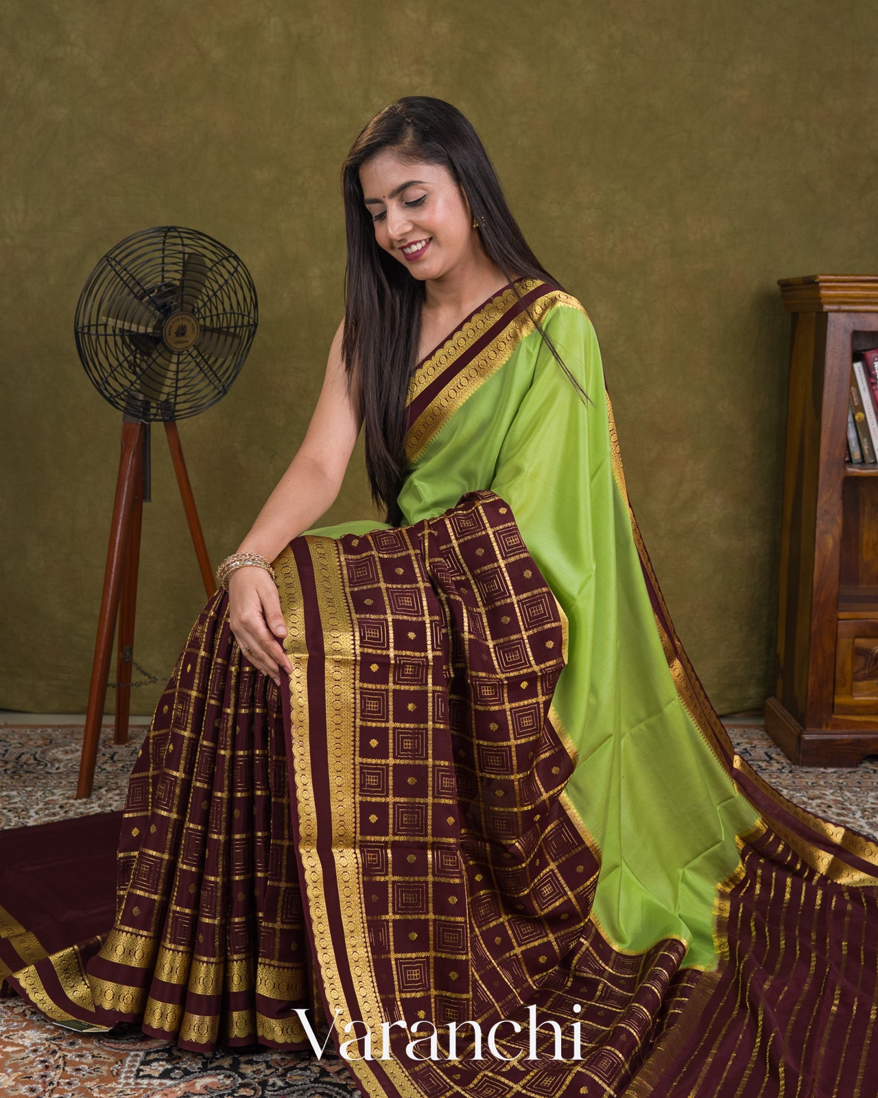 Leaf Green-Deep Wine Maroon Pure Mysore Crepe Silk Saree