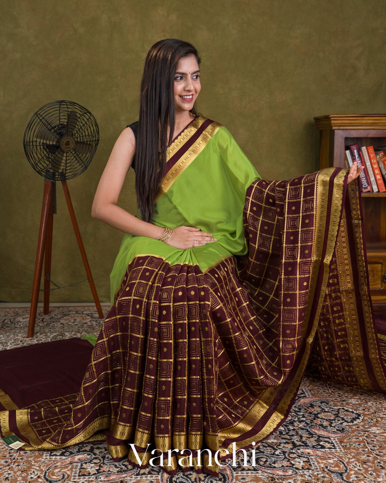 Leaf Green-Deep Wine Maroon Pure Mysore Crepe Silk Saree