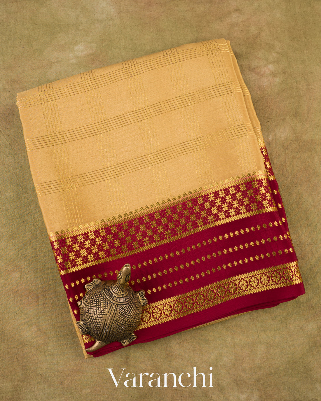 Mustard Beige Checkered Pure Mysore Crepe Silk Saree