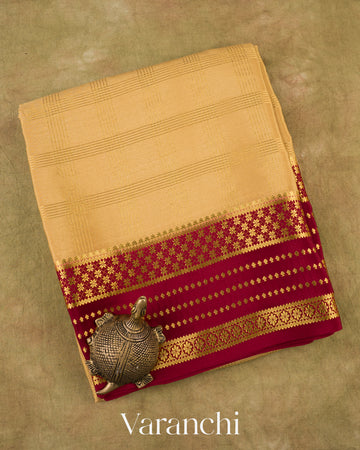 Mustard Beige Checkered Pure Mysore Crepe Silk Saree