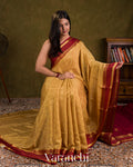 Mustard Beige Checkered Pure Mysore Crepe Silk Saree