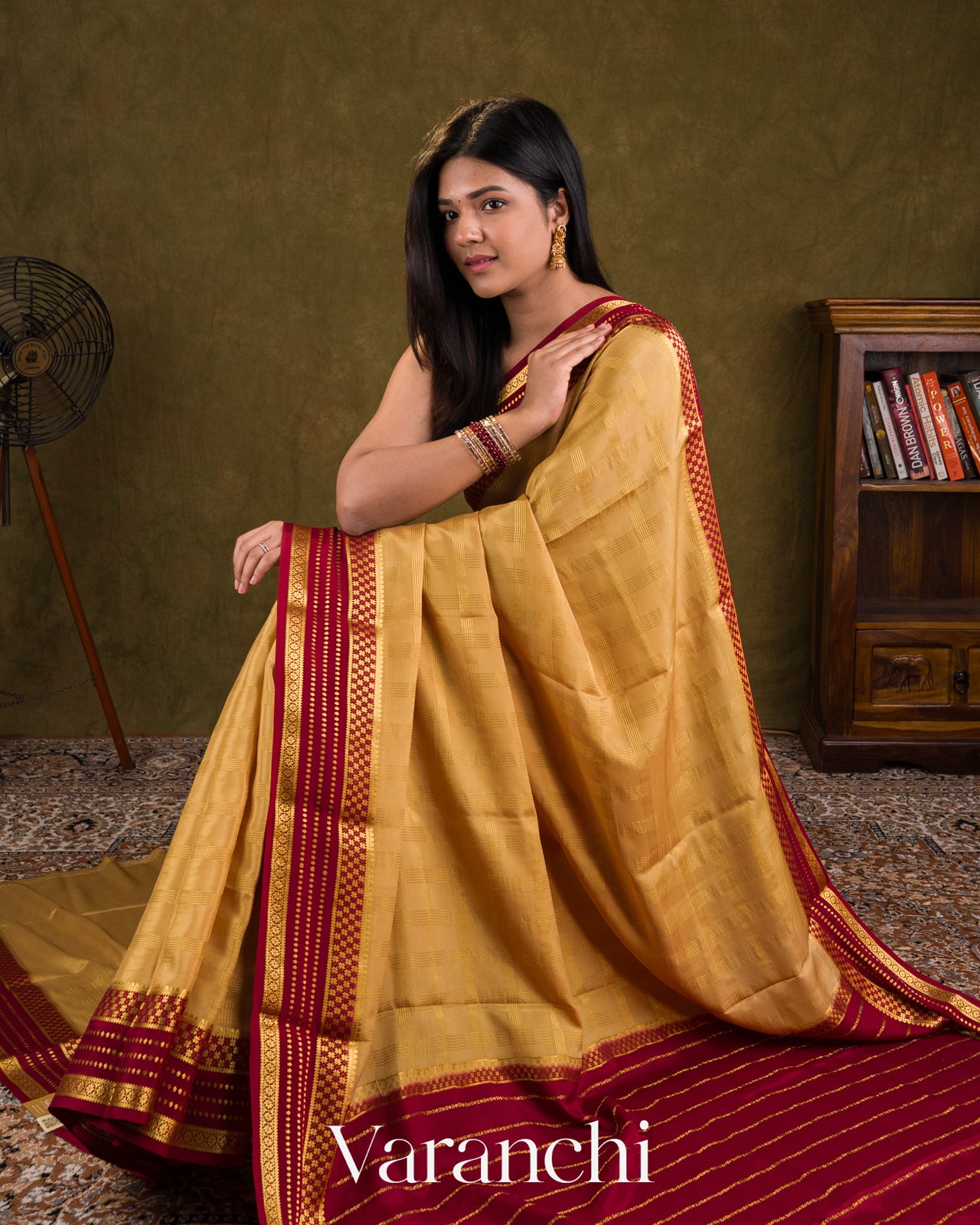 Mustard Beige Checkered Pure Mysore Crepe Silk Saree