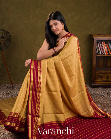 Mustard Beige Checkered Pure Mysore Crepe Silk Saree