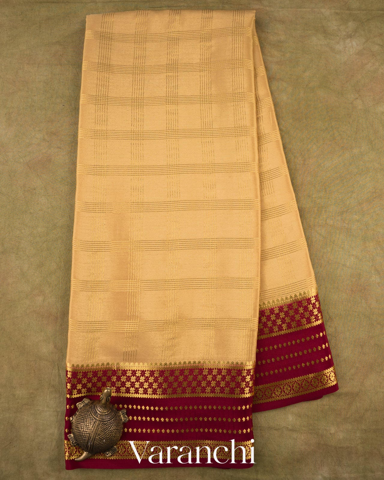 Mustard Beige Checkered Pure Mysore Crepe Silk Saree