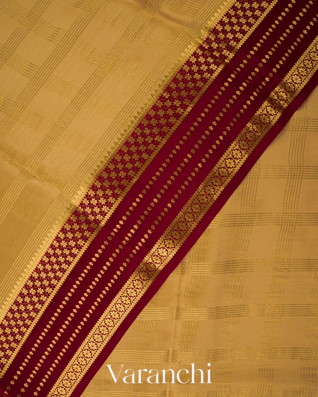 Mustard Beige Checkered Pure Mysore Crepe Silk Saree