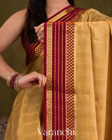 Mustard Beige Checkered Pure Mysore Crepe Silk Saree