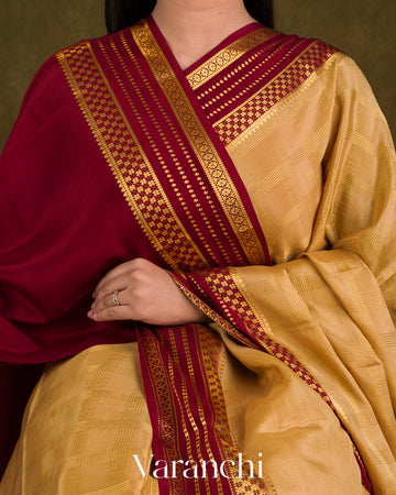 Mustard Beige Checkered Pure Mysore Crepe Silk Saree